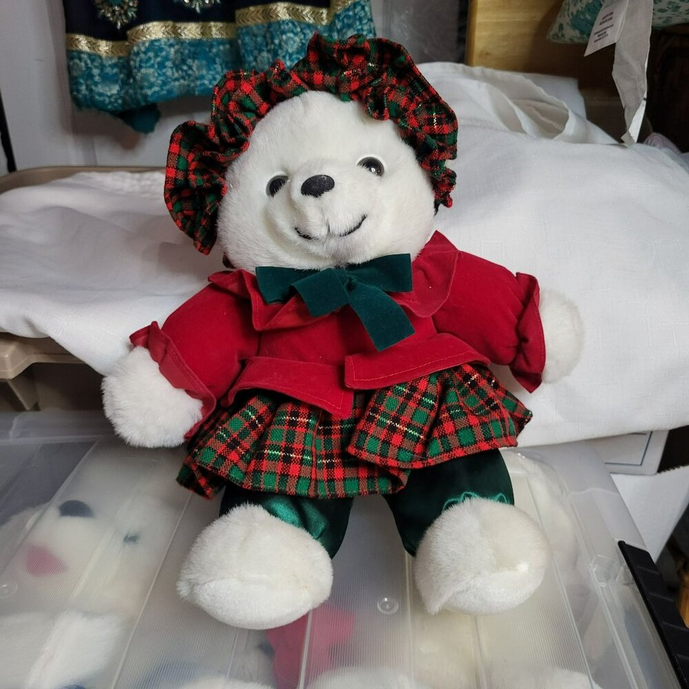 Christmas Teddy Bear In Plaid Dress With Velvet Accents